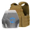 Front view of the AR550 Level III+ shooters cut polyshield coating Body Armor Package with Condor MOPC plate carrier on a white background