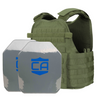 Front view of the AR550 Level III+ SAPI cut polyshield Body Armor Package with od green Condor MOPC plate carrier on a white background