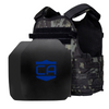 Front view of the AR550 Level III+ SAPI cut with standard coating Body Armor Package with black multi cam Condor MOPC plate carrier with standard coating on a white background