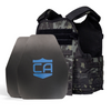 Front view of the AR550 Level III+ shooters cut with standard coating Body Armor Package with black multi cam Condor MOPC plate carrier with standard coating on a white background