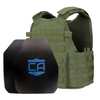 Front view of the AR550 Level III+ SAPI and shooter cut  with standard coating Body Armor Package with od green Condor MOPC plate carrier on a white background