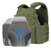 Front view of the AR550 Level III+ SAPI and shooter cut  with polyshield coating Body Armor Package with od green Condor MOPC plate carrier on a white background