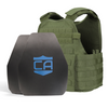Front view of the AR550 Level III+ shooter cut with standard coating Body Armor Package with od green Condor MOPC plate carrier on a white background