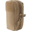 Front view of the coyote brown Mini First Aid Kit (M-FAK) closed in a compact MOLLE-compatible pouch on a white background