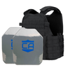 Front view of the AR550 Level III+ SAPI cut  with polyshield coating Body Armor Package in black Condor MOPC plate carrier on a white background