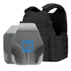 Front view of the AR550 Level III+ SAPI and shooters cut Body Armor Package with black multi cam Condor MOPC plate carrier on a white background