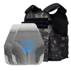 Front view of the AR550 Level III+ shooters cut Body Armor Package with black multi cam Condor MOPC plate carrier on a white background