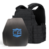 Front view of the AR550 Level III+ shooters cut Body Armor Package with black Condor MOPC plate carrier with standard coating on a white background