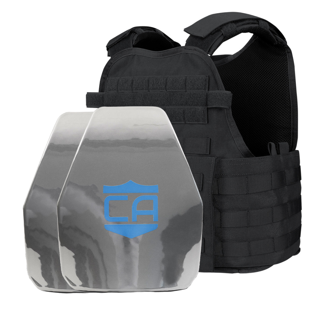 Front view of the AR550 Level III+ shooters cut Body Armor Package with black Condor MOPC plate carrier on a white background