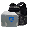 Front view of the AR550 Level III+ SAPI cut Body Armor Package with black multi cam Condor MOPC plate carrier on a white background