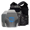 Front view of the AR550 Level III+ SAPI and shooters cut Body Armor Package with black multi cam Condor MOPC plate carrier on a white background
