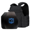 Front view of the AR550 Level III+ SAPI and shooters cut Body Armor Package black Condor MOPC plate carrier with standard coating on a white background