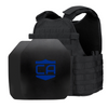Front view of the AR550 Level III+ SAPI cut Body Armor Package black Condor MOPC plate carrier with standard coating on a white background