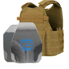 Front view of the AR550 Level III+ SAPI and shooters cut with porlyshield Body Armor Package with coyote brown Condor MOPC plate carrier on a white background