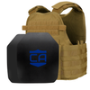 Front view of the AR550 Level III+ SAPI cut Body Armor Package coyote brown Condor MOPC plate carrier with standard coating on a white background
