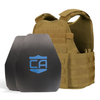 Front view of the AR550 Level III+ shooters cut Body Armor Package coyote brown Condor MOPC plate carrier with standard coating on a white background