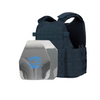 Front view of the AR550 Level III+ shooters and sapi cut polyshield coating Body Armor Package with navy blue Condor MOPC plate carrier on a white background