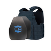 Front view of the AR550 Level III+ shooters and sapi cut Body Armor Package with navy blue Condor MOPC plate carrier on a white background