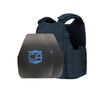 Front view of the AR550 Level III+ shooters cut Body Armor Package with navy blue Condor MOPC plate carrier on a white background