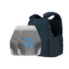 Front view of the AR550 Level III+ shooters cut polyshield Body Armor Package with navy blue Condor MOPC plate carrier on a white background