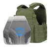 Front view of the AR550 Level III+ shooters cut Body Armor Package with od green Condor MOPC plate carrier on a white background