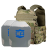 Front view of the AR550 Level III+ SAPI cut with polyshield coating Body Armor Package with scorpion Condor MOPC plate carrier on a white background
