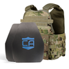 Front view of the AR550 Level III+ shooters cut Body Armor Package with scorpion Condor MOPC plate carrier with standard coating on a white background
