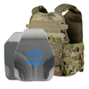 Front view of the AR550 Level III+ SAPI and shooters cut with polyshield coating Body Armor Package with scorpion Condor MOPC plate carrier on a white background