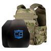Front view of the AR550 Level III+ SAPI and shooters cut Body Armor Package scorpion with standard coating with Condor MOPC plate carrier on a white background