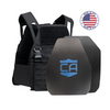 AR550 DV8 Body Armor Package with black DV8 Plate Carrier and shooter and SAPI cut standard coating hard armor plates on a white background with a made in the USA badge in the upper right-hand corner