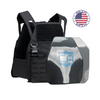 AR550 DV8 Body Armor Package with black DV8 Plate Carrier and SAPI and shooters cut polyshield hard armor plates on a white background with a made in the USA badge in the upper right-hand corner