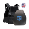 AR550 DV8 Body Armor Package with black DV8 Plate Carrier and two shooters cut standard coating hard armor plates on a white background with a made in the USA badge in the upper right-hand corner