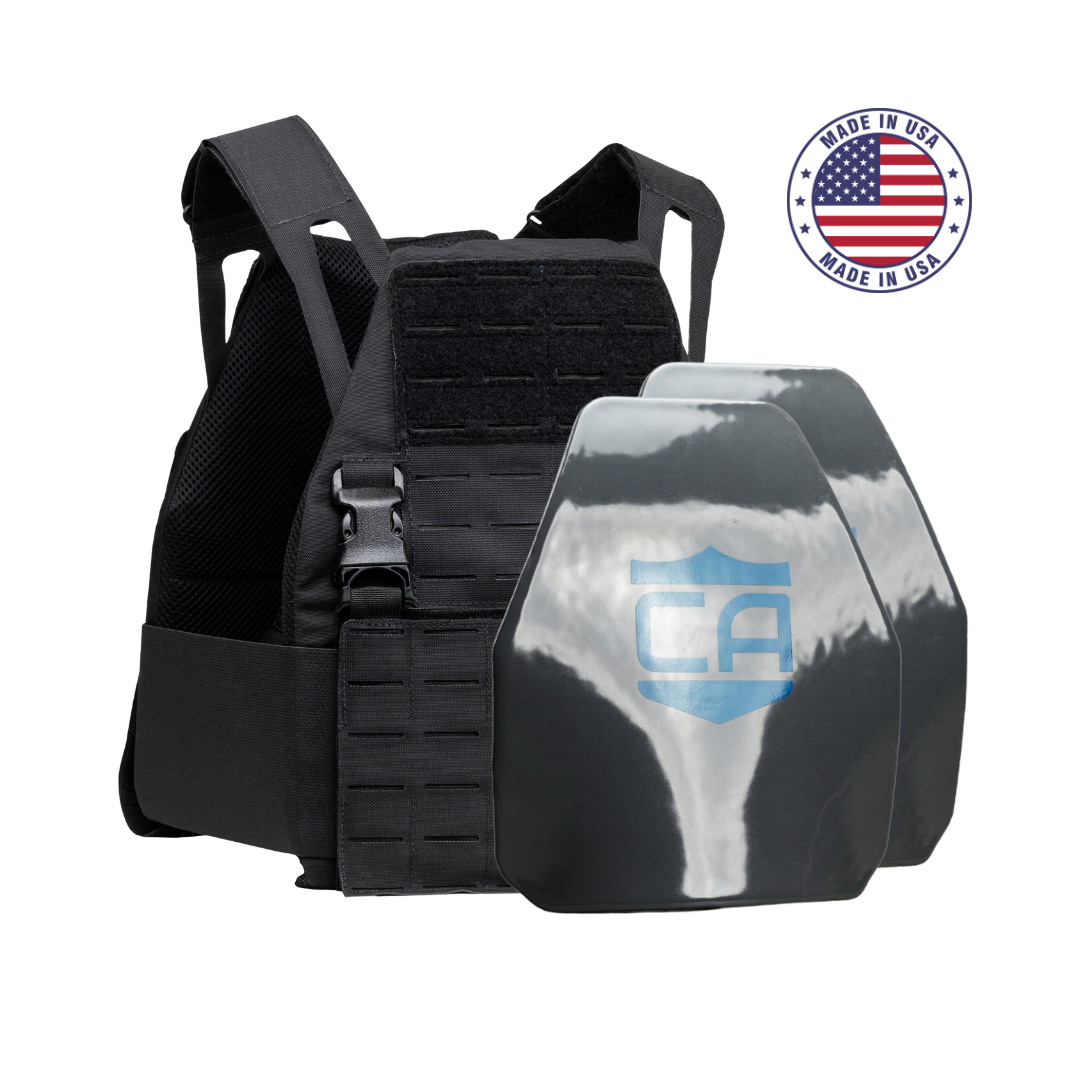 AR550 DV8 Body Armor Package with black DV8 Plate Carrier and two shooters cut polyshield hard armor plates on a white background with a made in the USA badge in the upper right-hand corner