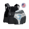 AR550 DV8 Body Armor Package with black DV8 Plate Carrier and two shooters cut polyshield hard armor plates on a white background with a made in the USA badge in the upper right-hand corner