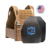AR550 DV8 Body Armor Package with coyote brown DV8 Plate Carrier and shooter and SAPI cut standard coating hard armor plates on a white background with a made in the USA badge in the upper right-hand corner