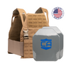 AR550 DV8 Body Armor Package with coyote brown DV8 Plate Carrier and SAPI cut polyshield hard armor plates on a white background with a made in the USA badge in the upper right-hand corner