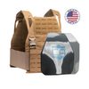 AR550 DV8 Body Armor Package with coyote brown DV8 Plate Carrier and SAPI and shooters cut polyshield hard armor plates on a white background with a made in the USA badge in the upper right-hand corner