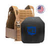 AR550 DV8 Body Armor Package with coyote brown DV8 Plate Carrier and two SAPI cut standard coating hard armor plates on a white background with a made in the USA badge in the upper right-hand corner