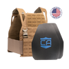 AR550 DV8 Body Armor Package with coyote brown DV8 Plate Carrier and two shooters cut standard coating hard armor plates on a white background with a made in the USA badge in the upper right-hand corner
