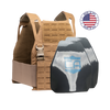 AR550 DV8 Body Armor Package with coyote tan DV8 Plate Carrier and two shooters cut polyshield hard armor plates on a white background with a made in the USA badge in the upper right-hand corner