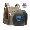 AR550 DV8 Body Armor Package with ranger green DV8 Plate Carrier and shooter and SAPI cut standard coating hard armor plates on a white background with a made in the USA badge in the upper right-hand corner