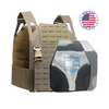 AR550 DV8 Body Armor Package with ranger green DV8 Plate Carrier and SAPI and shooters cut polyshield hard armor plates on a white background with a made in the USA badge in the upper right-hand corner