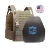 AR550 DV8 Body Armor Package with ranger green DV8 Plate Carrier and a shooters cut standard shield hard armor plates on a white background with a made in the USA badge in the upper right-hand corner