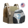 AR550 DV8 Body Armor Package with ranger green DV8 Plate Carrier and shooters cut polyshield hard armor plates on a white background with a made in the USA badge in the upper right-hand corner