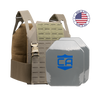 AR550 DV8 Body Armor Package with ranger green DV8 Plate Carrier and two SAPI cut polyshield hard armor plates on a white background with a made in the USA badge in the upper right-hand corner