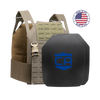 AR550 DV8 Body Armor Package with ranger green DV8 Plate Carrier and two SAPI cut standard shield hard armor plates on a white background with a made in the USA badge in the upper right-hand corner