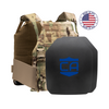 AR550 DV8 Body Armor Package with scorpion DV8 Plate Carrier and two SAPI cut standard coating hard armor plates on a white background with a made in the USA badge in the upper right-hand corner