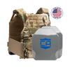 AR550 DV8 Body Armor Package with scorpion DV8 Plate Carrier and SAPI cut polyshield hard armor plates on a white background with a made in the USA badge in the upper right-hand corner