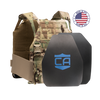 AR550 DV8 Body Armor Package with scorpion DV8 Plate Carrier and a shooter and SAPI cut standard shield hard armor plates on a white background with a made in the USA badge in the upper right-hand corner