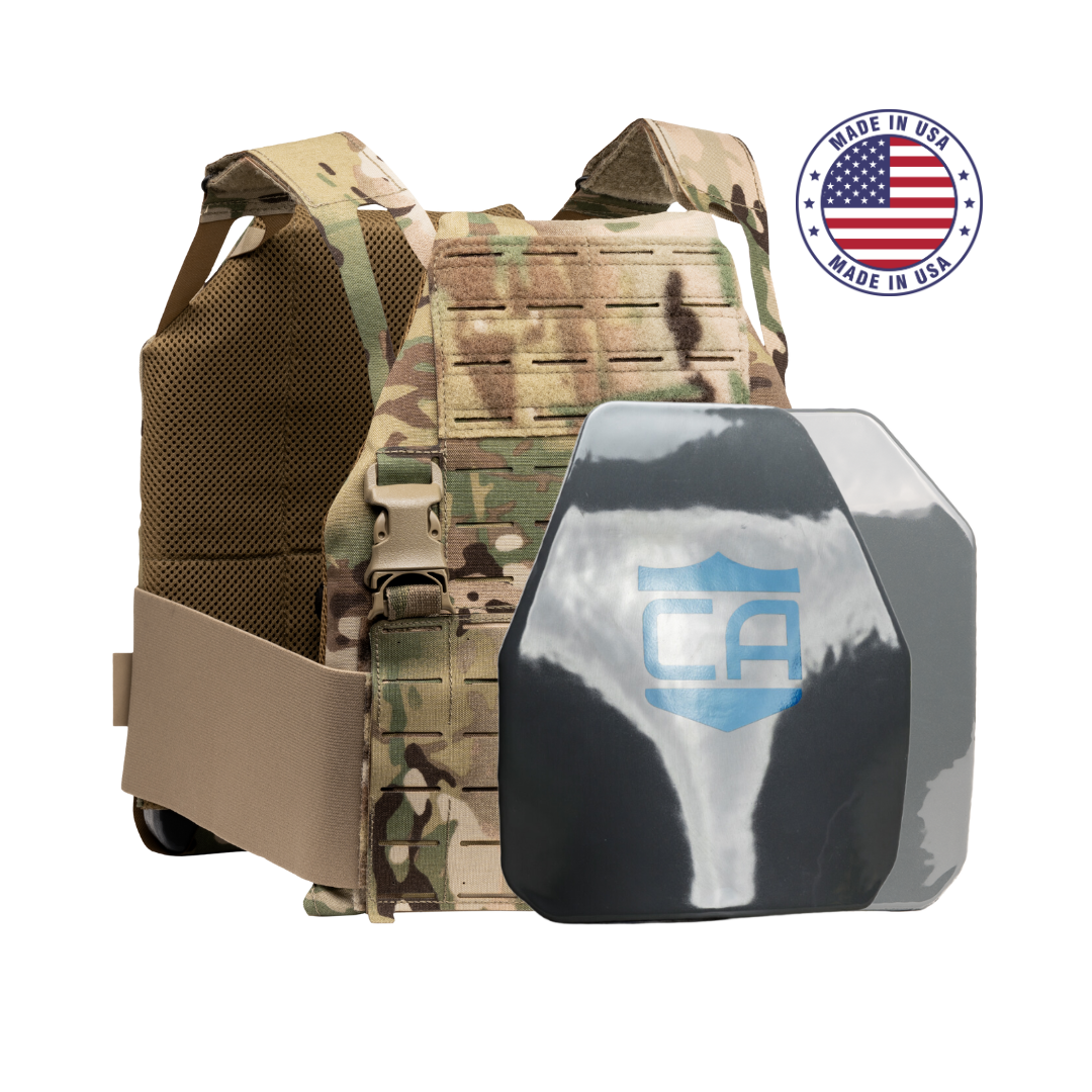 AR550 DV8 Body Armor Package with scorpion DV8 Plate Carrier and shooters and SAPI cut polyshield hard armor plates on a white background with a made in the USA badge in the upper right-hand corner